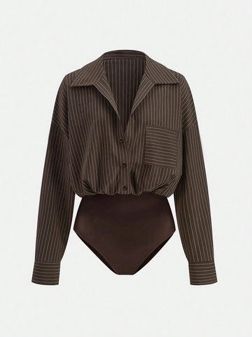 Versatile Striped Print Drop Shoulder Loose Patchwork Pocket Bodysuit