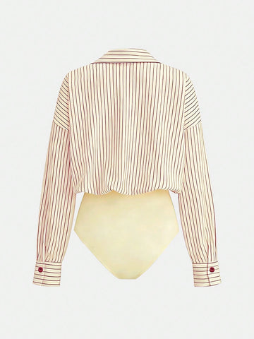 Versatile Striped Print Drop Shoulder Loose Patchwork Pocket Bodysuit