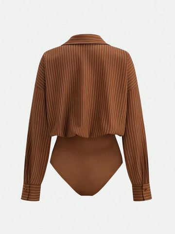Versatile Striped Print Drop Shoulder Loose Patchwork Pocket Bodysuit
