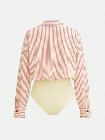 Versatile Striped Print Drop Shoulder Loose Patchwork Pocket Bodysuit