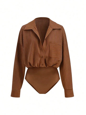 Versatile Striped Print Drop Shoulder Loose Patchwork Pocket Bodysuit