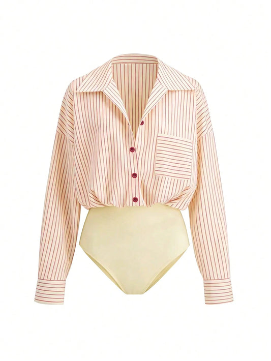 Versatile Striped Print Drop Shoulder Loose Patchwork Pocket Bodysuit