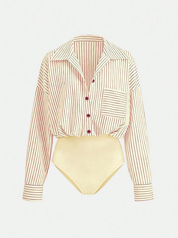 Versatile Striped Print Drop Shoulder Loose Patchwork Pocket Bodysuit