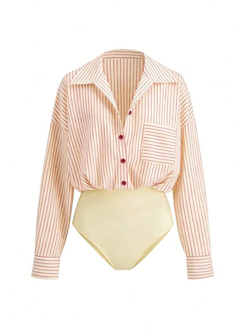 Versatile Striped Print Drop Shoulder Loose Patchwork Pocket Bodysuit