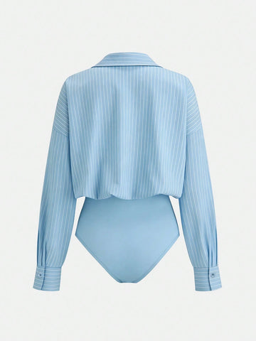 Versatile Striped Print Drop Shoulder Loose Patchwork Pocket Bodysuit