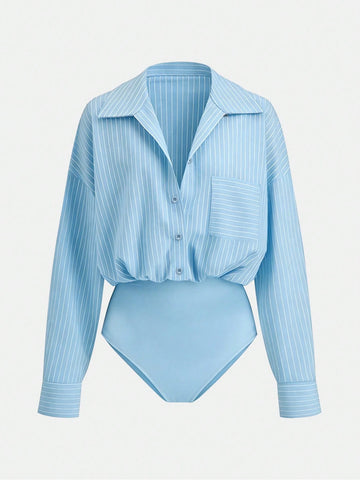 Versatile Striped Print Drop Shoulder Loose Patchwork Pocket Bodysuit