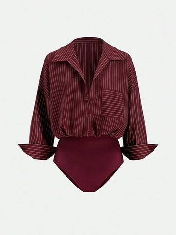 Versatile Striped Print Drop Shoulder Loose Patchwork Pocket Bodysuit