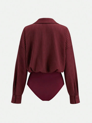 Versatile Striped Print Drop Shoulder Loose Patchwork Pocket Bodysuit