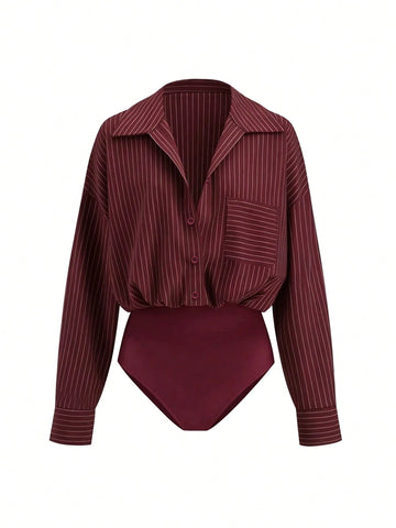 Versatile Striped Print Drop Shoulder Loose Patchwork Pocket Bodysuit