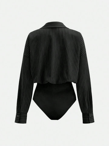 Versatile Striped Print Drop Shoulder Loose Patchwork Pocket Bodysuit