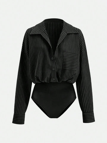 Versatile Striped Print Drop Shoulder Loose Patchwork Pocket Bodysuit