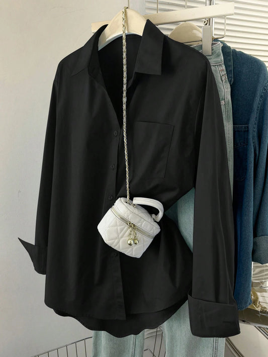 Women's Solid Color Long Sleeve Single-Breasted Casual Loose Shirt