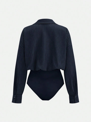 Versatile Striped Print Drop Shoulder Loose Patchwork Pocket Bodysuit