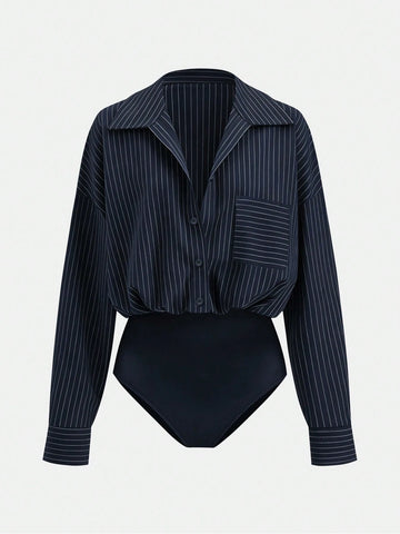Versatile Striped Print Drop Shoulder Loose Patchwork Pocket Bodysuit