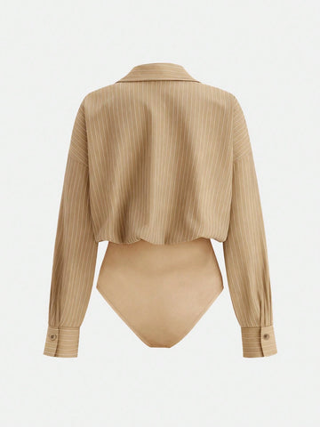 Versatile Striped Print Drop Shoulder Loose Patchwork Pocket Bodysuit