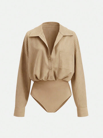 Versatile Striped Print Drop Shoulder Loose Patchwork Pocket Bodysuit