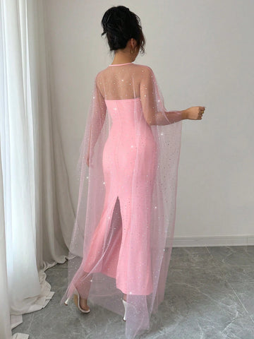 Airlisse 2pcs Elegant Party Rhinestone Decorated Sheer Mesh Shawl Shrug Set