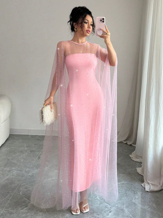 Airlisse 2pcs Elegant Party Rhinestone Decorated Sheer Mesh Shawl Shrug Set