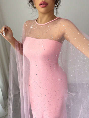 Airlisse 2pcs Elegant Party Rhinestone Decorated Sheer Mesh Shawl Shrug Set