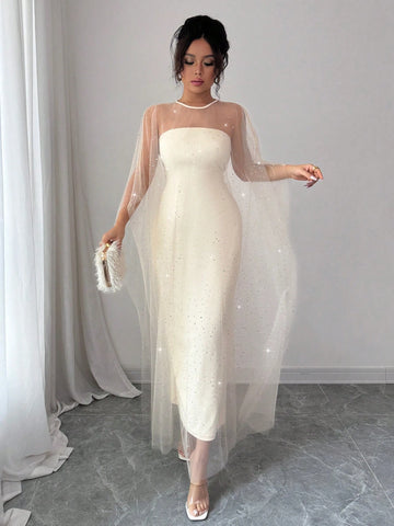 Airlisse 2pcs Elegant Party Rhinestone Decorated Sheer Mesh Shawl Shrug Set
