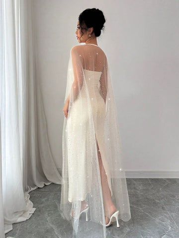 Airlisse 2pcs Elegant Party Rhinestone Decorated Sheer Mesh Shawl Shrug Set