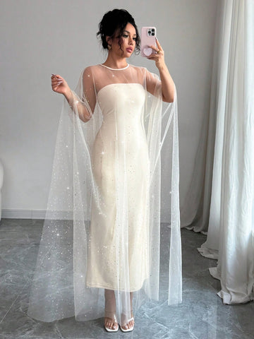 Airlisse 2pcs Elegant Party Rhinestone Decorated Sheer Mesh Shawl Shrug Set