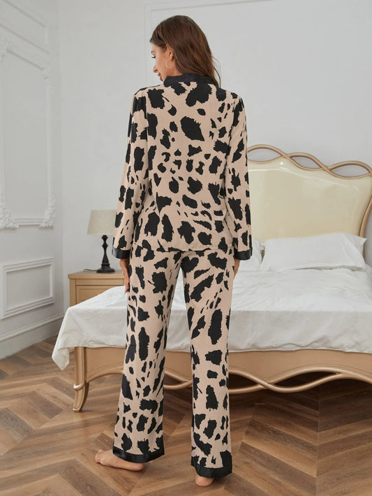 Allover Print Contrast Trim Pajama Set