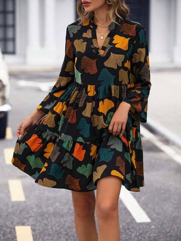 Allover Print Ruffle Hem Smock Dress