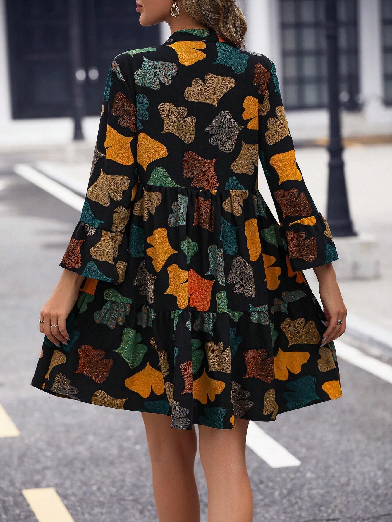 Allover Print Ruffle Hem Smock Dress