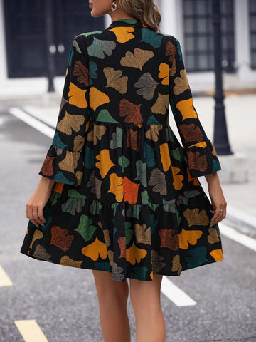 Allover Print Ruffle Hem Smock Dress