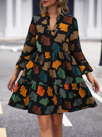 Allover Print Ruffle Hem Smock Dress