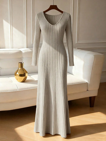 Solid Color V-Neck Knit Fleece Long Sleeve A-Line Dress