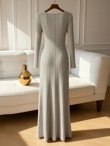 Solid Color V-Neck Knit Fleece Long Sleeve A-Line Dress