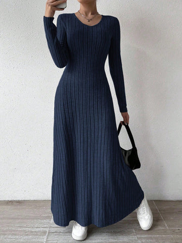 Solid Color V-Neck Knit Fleece Long Sleeve A-Line Dress