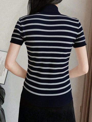 Women's Striped Mock Neck Fitted Pullover Short Sleeve Casual Knit Top