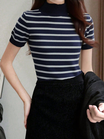 Women's Striped Mock Neck Fitted Pullover Short Sleeve Casual Knit Top