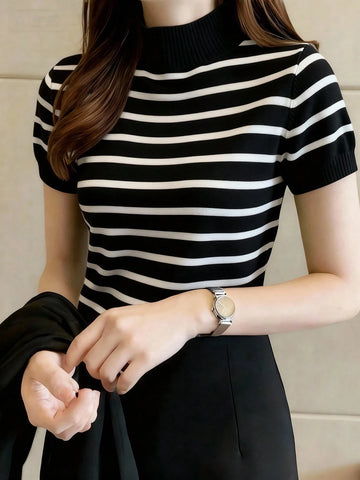 Women's Striped Mock Neck Fitted Pullover Short Sleeve Casual Knit Top
