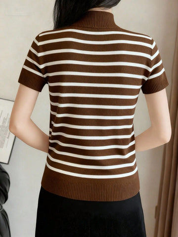 Women's Striped Mock Neck Fitted Pullover Short Sleeve Casual Knit Top