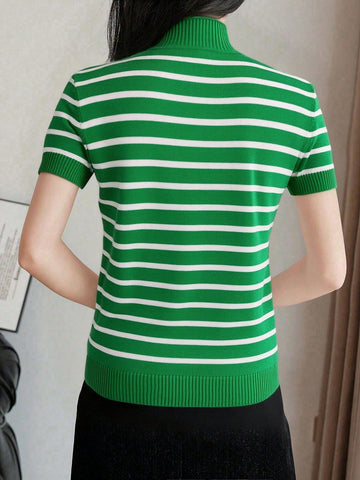 Women's Striped Mock Neck Fitted Pullover Short Sleeve Casual Knit Top