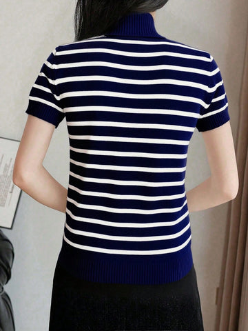 Women's Striped Mock Neck Fitted Pullover Short Sleeve Casual Knit Top