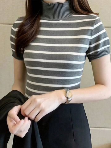 Women's Striped Mock Neck Fitted Pullover Short Sleeve Casual Knit Top