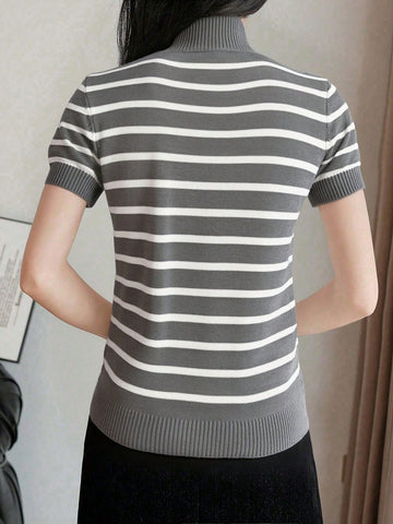 Women's Striped Mock Neck Fitted Pullover Short Sleeve Casual Knit Top