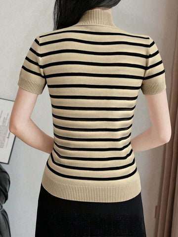 Women's Striped Mock Neck Fitted Pullover Short Sleeve Casual Knit Top