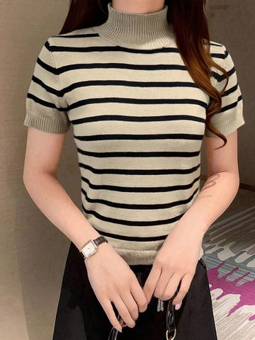Women's Striped Mock Neck Fitted Pullover Short Sleeve Casual Knit Top