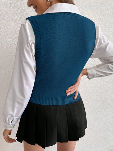 Women's Solid V-Neck Casual Comfortable Knitted Sweater Vest