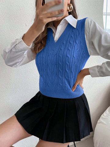 Women's Solid V-Neck Casual Comfortable Knitted Sweater Vest