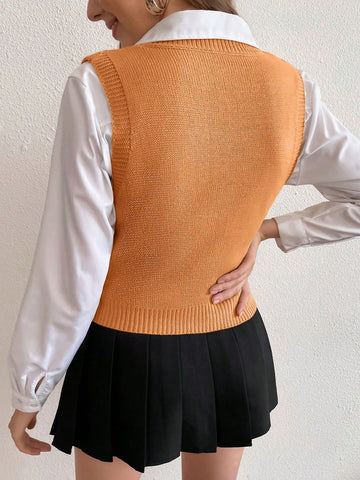 Women's Solid V-Neck Casual Comfortable Knitted Sweater Vest