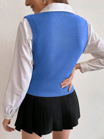 Women's Solid V-Neck Casual Comfortable Knitted Sweater Vest