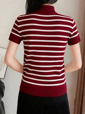 Women's Striped Mock Neck Fitted Pullover Short Sleeve Casual Knit Top