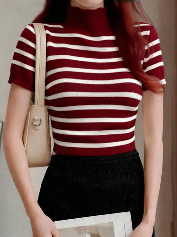 Women's Striped Mock Neck Fitted Pullover Short Sleeve Casual Knit Top